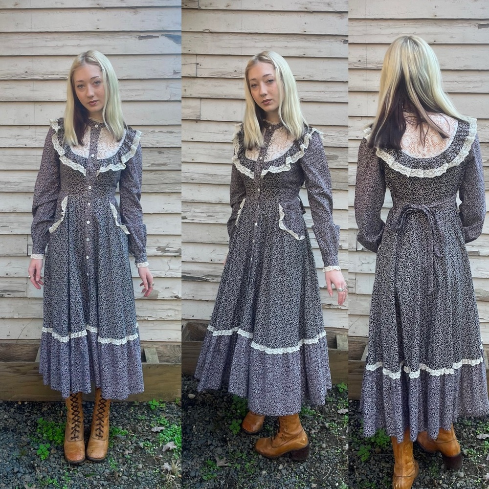 Gunne Sax Black and White Lace Trim Dress